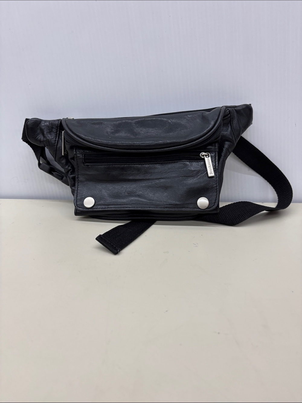 Brookstone Black Leather Belt Bag with Front Zipper